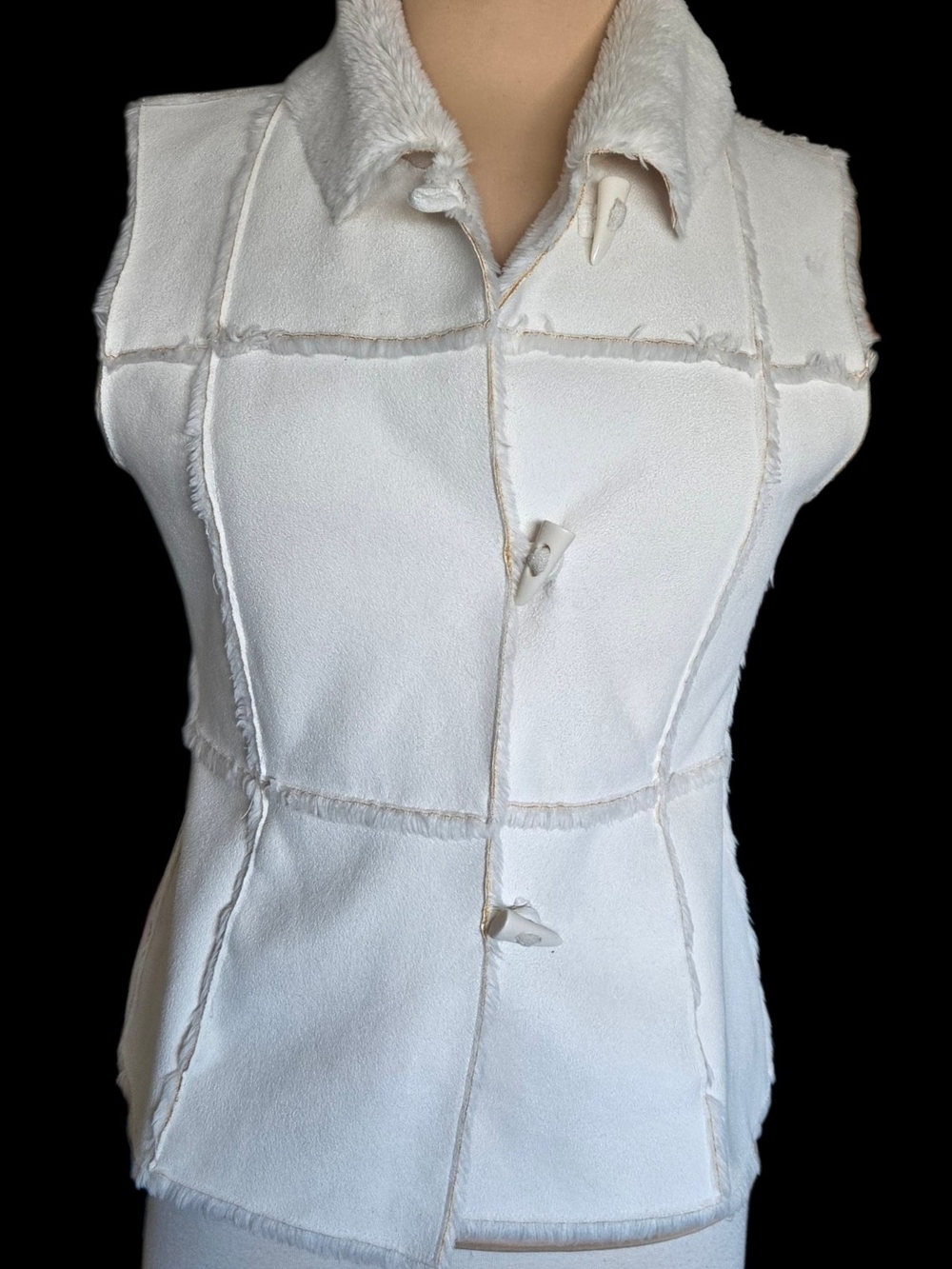 Lauren Hansen Studio White Faux Patchwork Toggle Shearling Vest Sz S